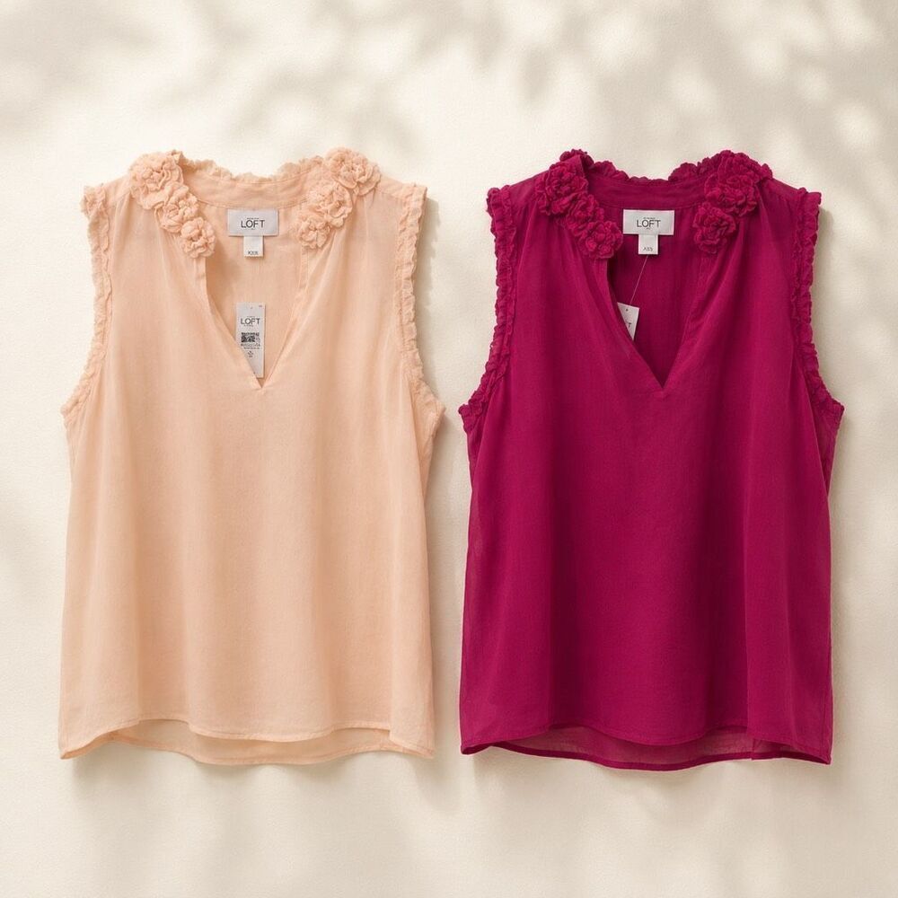 2 LOFT Rose Frilled Ruffled Pink Sleeveless Blouse Small S Top Lot Set